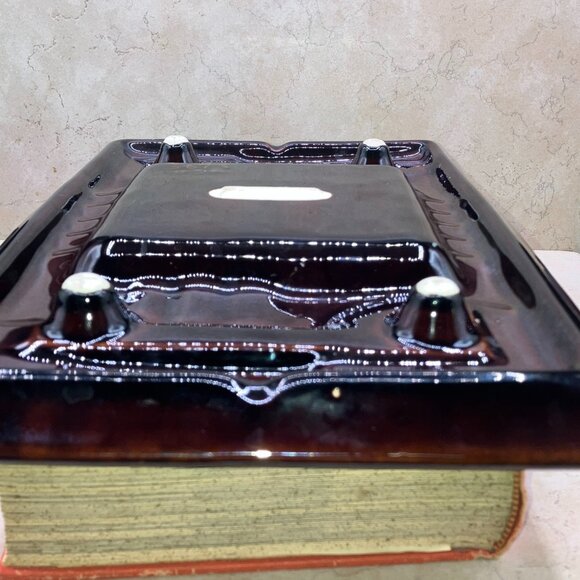 1970s California Pottery #3763 Spiderwed Glazed Ashtray 12”x8” Brown And Seafoam - Picture 9 of 11